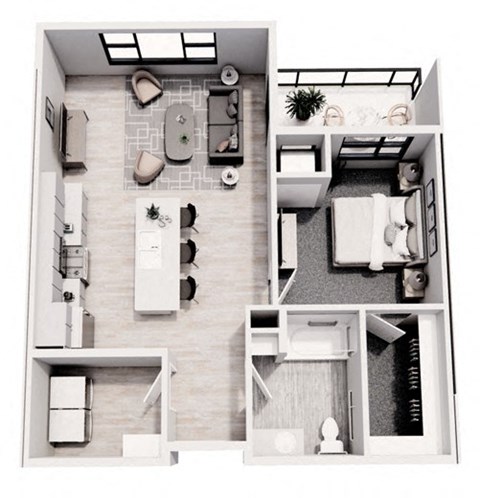Floor plan for 1 bed, 1 bath, 795 sqft